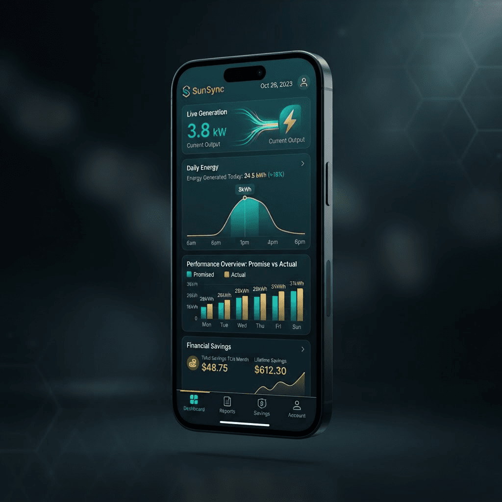 Sanarka Energy monitoring app dashboard showing generation, savings and performance